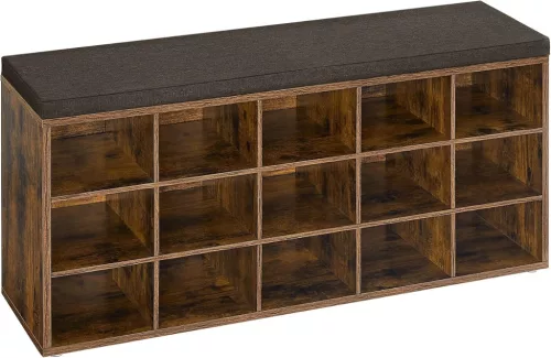 VASAGLE LHS15BX cipőtároló pad ülőkével rusztikus barna 15 rekeszes