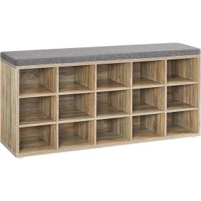   VASAGLE Tölgy-Kék Cipőtároló Pad 15 Rekesszel és Szürke Ülőpárnával