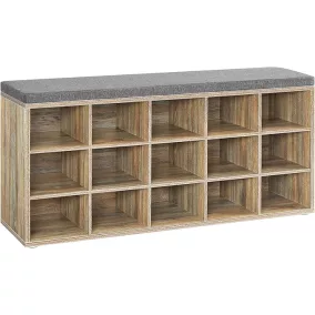   VASAGLE Tölgy-Kék Cipőtároló Pad 15 Rekesszel és Szürke Ülőpárnával