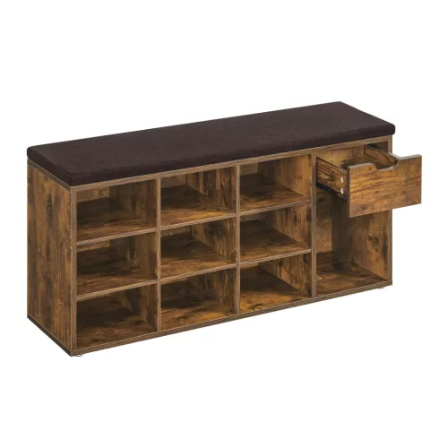VASAGLE cipős pad fiókkal és nyitott rekeszekkel párnázott üléssel vintage barna 104 x 30 x 48 cm