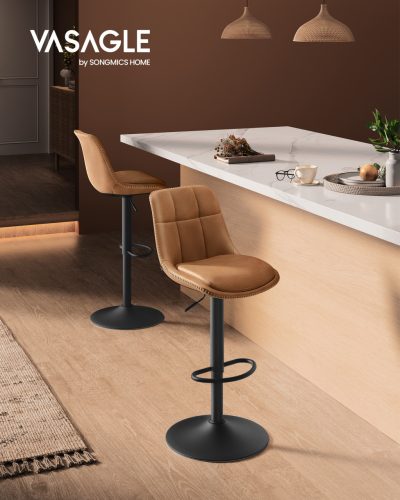 VASAGLE Állítható Magasságú Bárszék Szett Karamell Barna PU Bőr Háttámlával