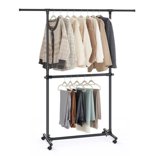 SONGMICS dupla ruhásállvány kihúzható felső rúddal magasságállítható görgős fekete