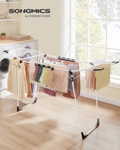 SONGMICS ruhaszárító állvány 56,5 x 173 x 96,5 cm összecsukható fém váz zoknikapcsokkal fehér