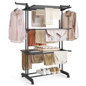   SONGMICS 4-szintes összecsukható ruhaszárító állvány rozsdamentes acél tintafekete görgős