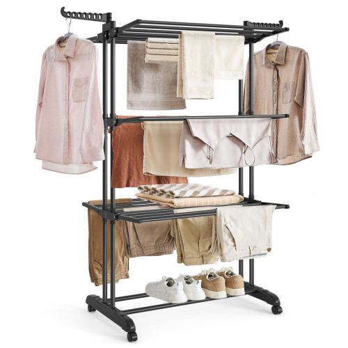 SONGMICS 4-szintes összecsukható ruhaszárító állvány rozsdamentes acél tintafekete görgős
