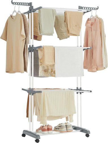 SONGMICS 4 Szintes Mobil Ruhaszárító Állvány Görgőkkel Fehér