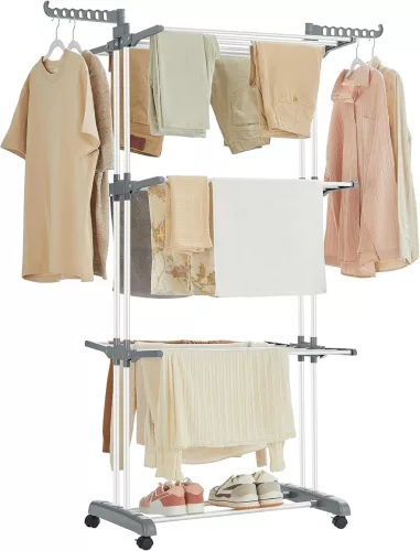 SONGMICS LLR701W01 Hordozható Ruhaszárító Állvány Kerekekkel 4 Szintes Összecsukható Fehér Nagy Kapacitású