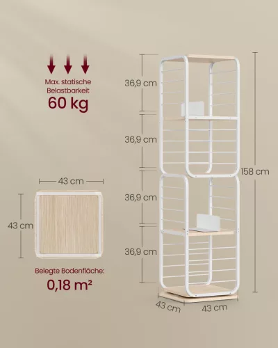VASAGLE 360° Forgó Könyvespolc Természetes Bézs és Fehér Acélvázzal