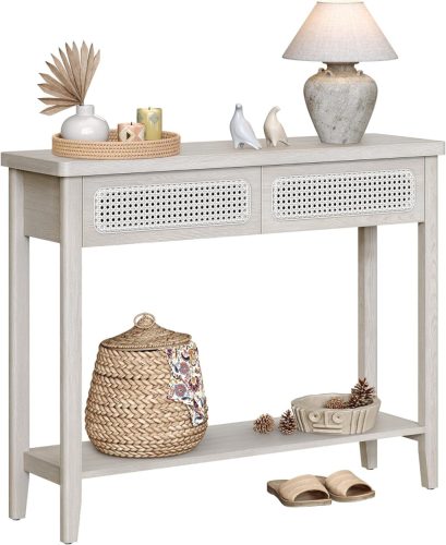 VASAGLE Boho Konzolasztal Rattan Frontos Fiókokkal Zabkása Bézs