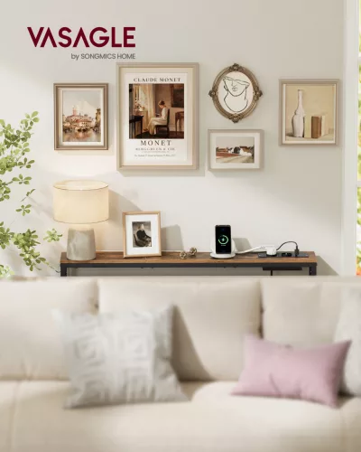 VASAGLE konzolasztal töltőállomással vintage barna/tintafekete 15 x 100 x 80 cm