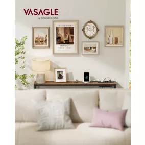   VASAGLE Konzolasztal Töltőállomással Vintage Barna/Tintafekete Keskeny Kanapéasztal Akasztókkal