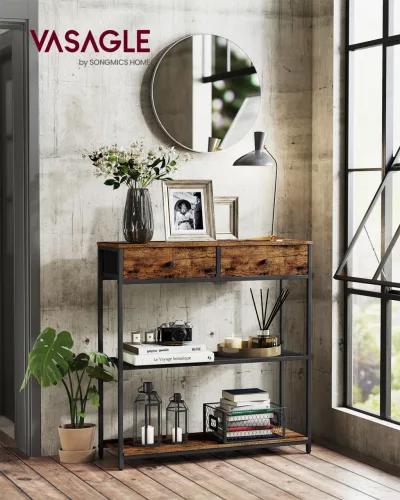 VASAGLE Keskeny Konzolasztal 2 Textil Fiókkal Rusztikus Barna és Tintafekete