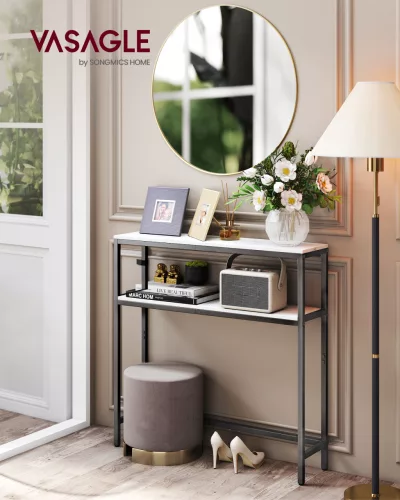 VASAGLE konzolasztal 2 polcos keskeny dohányzóasztal márványfehér tintafekete