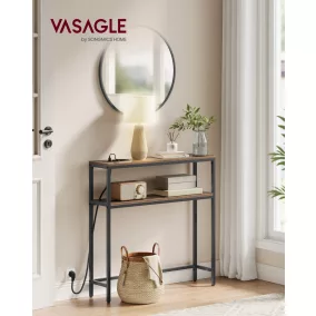   VASAGLE konzolasztal töltőállomással 2 polccal vintage barna/tintafekete 20 x 80 x 80 cm