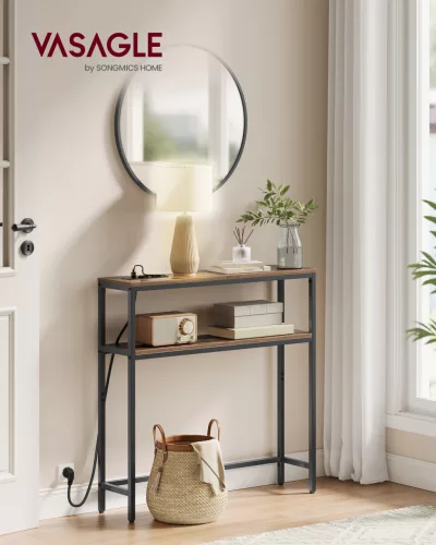VASAGLE konzolasztal töltőállomással 2 polccal vintage barna/tintafekete 20 x 80 x 80 cm