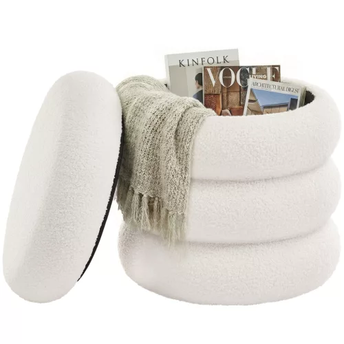 SONGMICS kerek puff tárolóval teddy fleece fehér