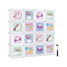   SONGMICS Unikornis Mintás Gyerekszoba Tárolószekrény 16 Kockával Fehér