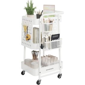   SONGMICS 3-szintes Tárolókocsi Fém Hálós Polcokkal Felhőfehér