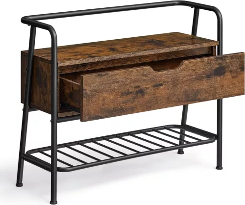 VASAGLE Ipari Stílusú Cipőtároló Pad Fiókkal Rusztikus Barna-Fekete