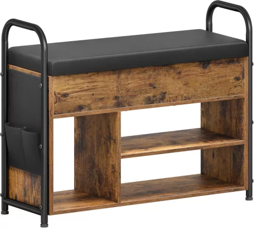 VASAGLE Vintage Cipőtároló Pad Tárolórekesszel Rusztikus Barna-Fekete