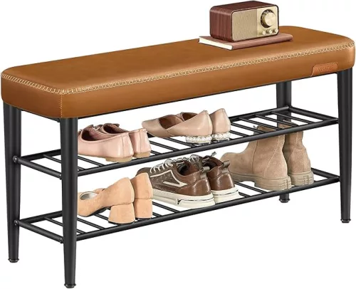 VASAGLE EKHO Karamell Barna Cipőspad Műbőr Ülőfelülettel Mid-Century Modern Stílusban