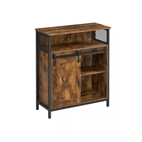 VASAGLE COBADO Ipari Tárolószekrény Csúszó Tolóajtóval Rusztikus Barna-Fekete