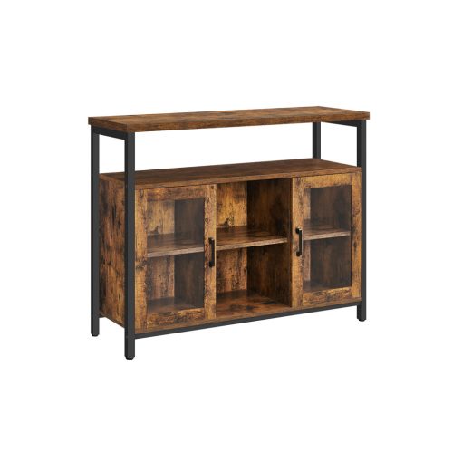 VASAGLE Ipari Stílusú Tálaló Szekrény Üvegajtókkal Rusztikus Barna-Fekete