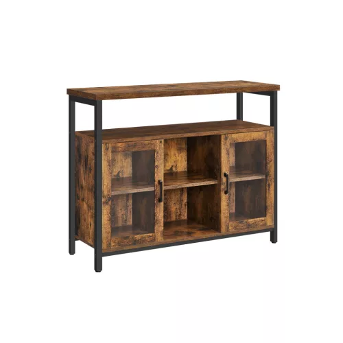 VASAGLE Ipari Stílusú Tálaló Szekrény Üvegajtókkal Rusztikus Barna-Fekete