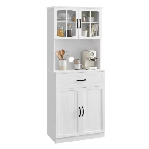 VASAGLE többfunkciós konyhai szekrény állítható polcokkal mikróhullámú sütő fiókkal üvegajtókkal fehér
