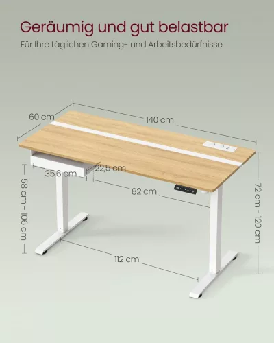 VASAGLE LSD114N01 Elektromos Állítható Magasságú Íróasztal Tölgy-Fehér