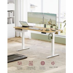   VASAGLE Elektromos Állítható Magasságú Íróasztal Természetes Tölgy-Fehér 160 cm Fiókkal