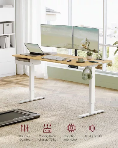 VASAGLE Elektromos Állítható Magasságú Íróasztal Természetes Tölgy-Fehér 160 cm Fiókkal
