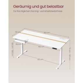   VASAGLE LSD116W01 Elektromos Állítható Magasságú Íróasztal Beépített Aljzattal Felhőfehér/Arany Tölgy