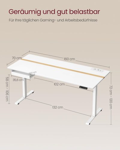 VASAGLE LSD116W01 Elektromos Állítható Magasságú Íróasztal Beépített Aljzattal Felhőfehér/Arany Tölgy