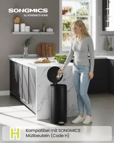 SONGMICS 30L kerek pedálos szemetes acél tintafekete soft-close fedéllel