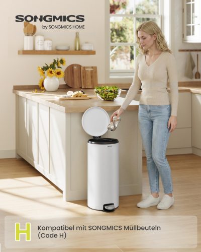 SONGMICS 30L kerek pedálos szemetes acél felhőfehér soft-close fedéllel
