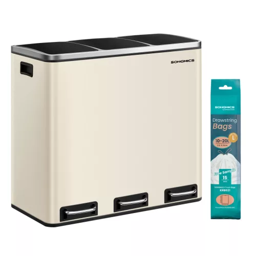 SONGMICS 3 rekeszes szelektív hulladékgyűjtő kukák 3 x 18 l acél homokbézs soft close