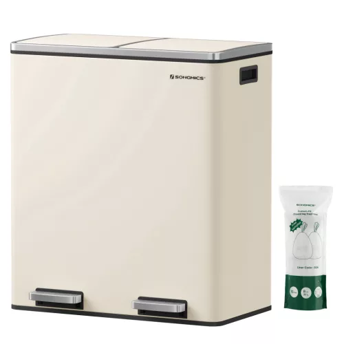 SONGMICS LTB060A01 dupla rekeszes szemetes 2 x 30 l acél krém soft-close pedálos