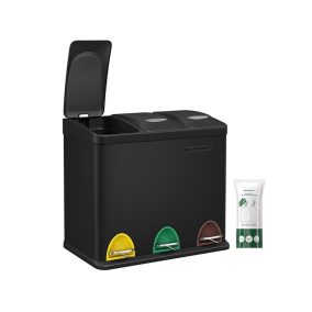   SONGMICS 3 rekeszes szelektív hulladékgyűjtő pedálos szemetes acél fekete 24 literes