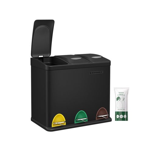 SONGMICS 3 rekeszes szelektív hulladékgyűjtő pedálos szemetes acél fekete 24 literes