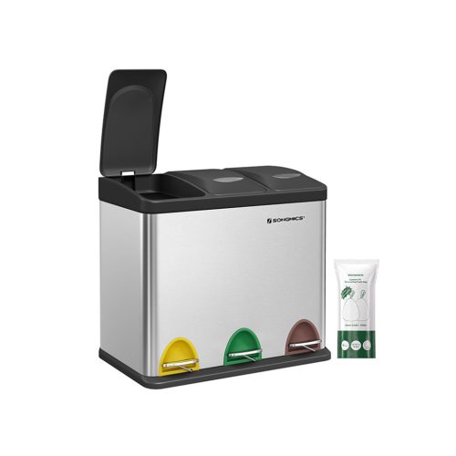 SONGMICS 3-Rekeszes Pedálos Szelektív Hulladékgyűjtő Rozsdamentes Acél Ezüst