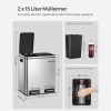 SONGMICS Duál Szelektív Hulladékgyűjtő Acél Pedálos Szemetes 2x15L Ezüst-Fekete