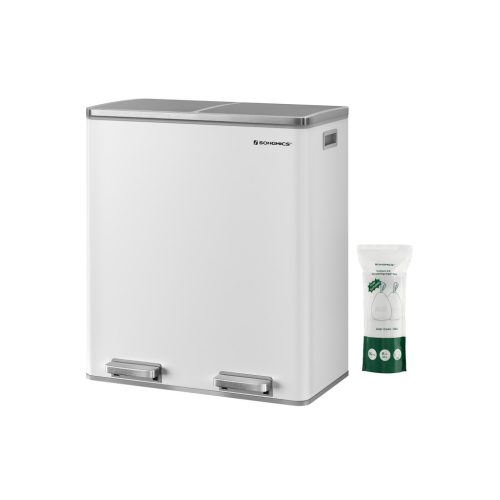 SONGMICS Dupla Pedálos Szemeteskuka Fehér-Ezüst 2x30L Szelektív Hulladékgyűjtő