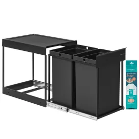   SONGMICS Beépíthető Kihúzható Szekrény Szemetes 2 x 20 L Dupla Rekeszes Acél Váz ABS Fedél Fekete