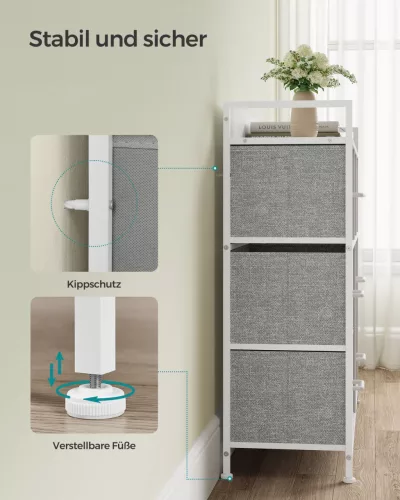 SONGMICS Modern Textil Fiókos Szekrény 7 Fiókkal Fehér-Szürke Fémvázzal
