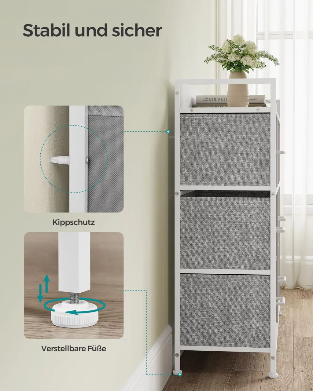 SONGMICS Modern Textil Fiókos Szekrény 7 Fiókkal Fehér-Szürk