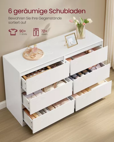 VASAGLE KAILYN 6 fiókos komód hálószobába hófehér