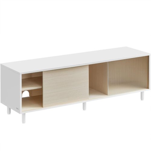 VASAGLE Modern TV Szekrény 60" Képernyőhöz Bordázott Üveggel Felhőfehér-Natúr