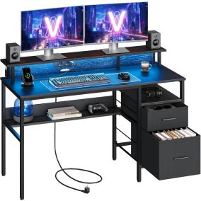   VASAGLE Gamer Íróasztal LED Világítással és Monitortartóval Ébenfa Fekete