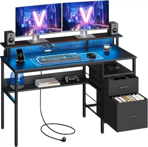 VASAGLE Gamer Íróasztal LED Világítással és Monitortartóval Ébenfa Fekete